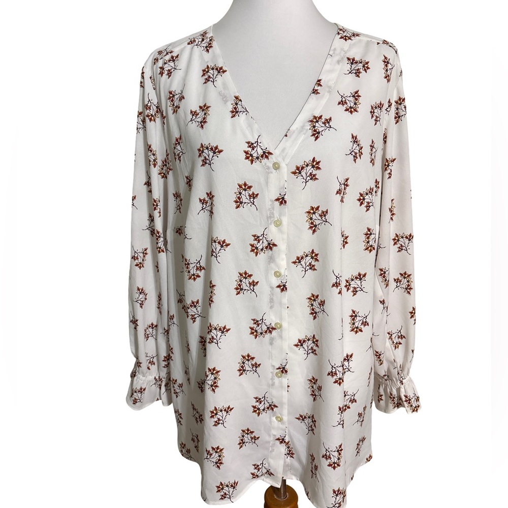 LOFT V Neck Blouse Floral Print Cream and Brown